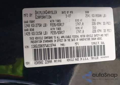 2007 Dodge Nitro Slt/Rt z USA, uszkodzony, nr VIN 1D8GU58K97W619744